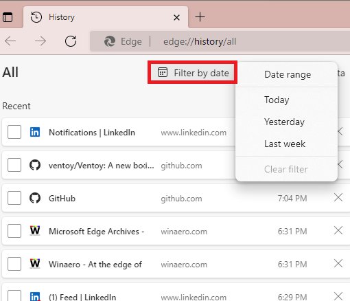 Edge Open History Page Filtering Options