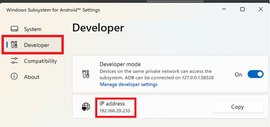 Copy IP Address of Windows Subsystem for Android