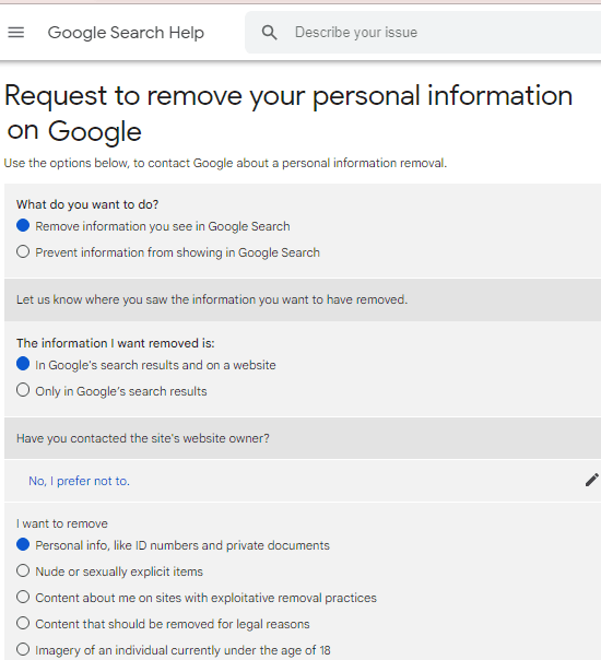 Google Personal Information Removal Form