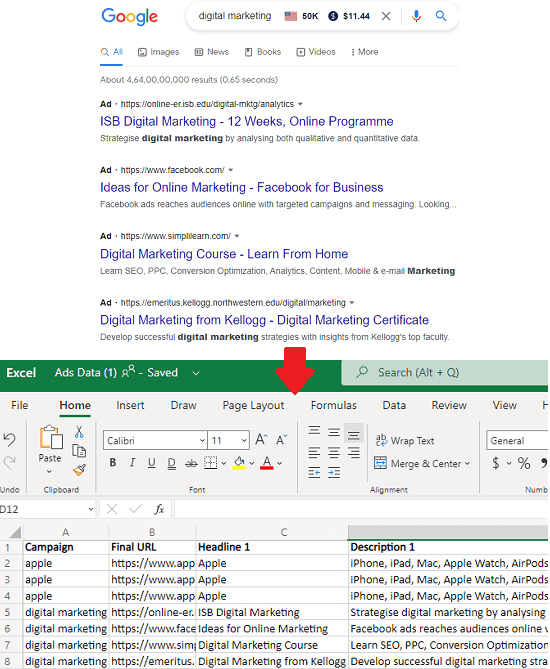 How to Save all Google Ads of your Competitors in Excel for Free