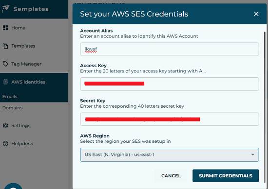 Semplates Add AWS SES Account