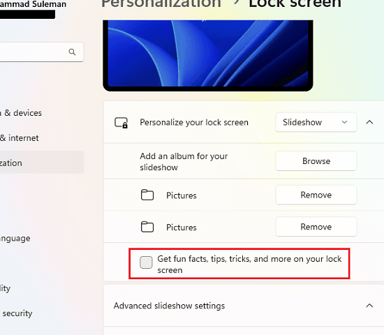 Disable Fun Facts Tips Tricks on Lock Screen