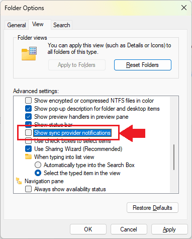 Folder Options Show sync provider notifications Windows 11