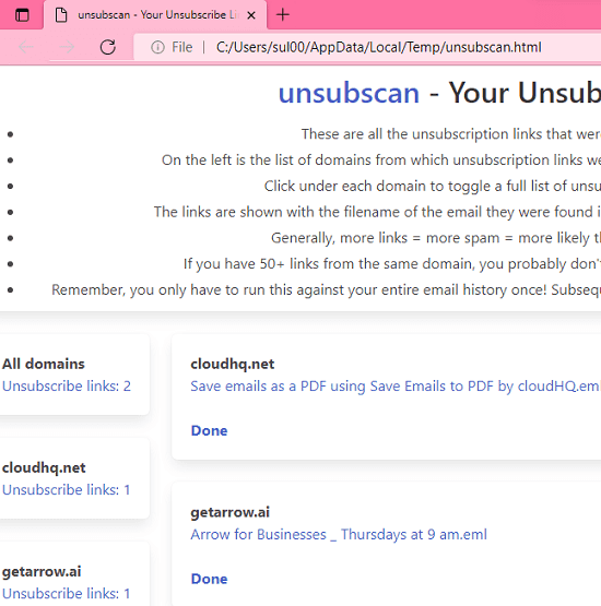 Unsubscribe Links Extracted From Gmail