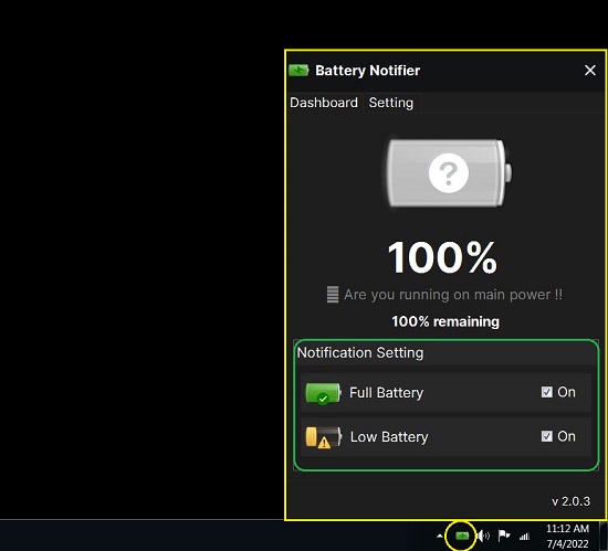 Free Battery Indicator software for Windows 10, 11 with Custom Notification