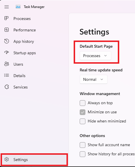 Task Manager Settings Default Start Page Dropdown