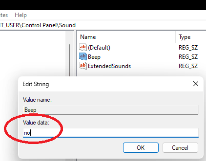 Windows 11 Beep Warning Sound Disbaled via Registry