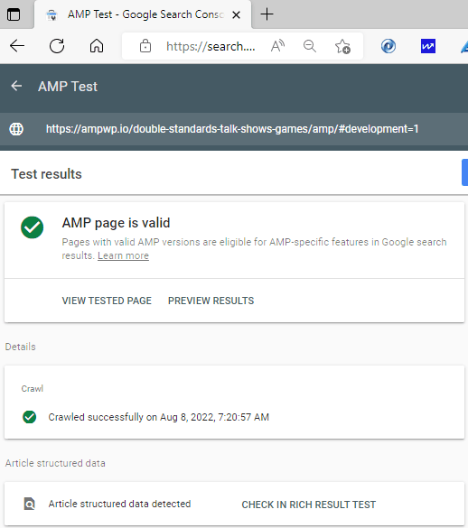 Google Search Console AMP Test