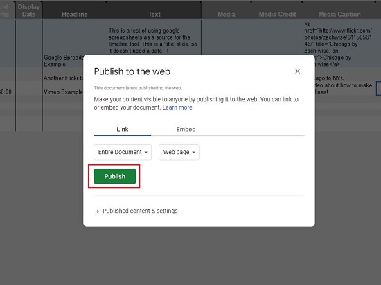 Publish to the Web popup