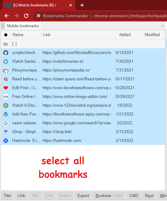 Bookmarks Commander Seelct all Bookmarks