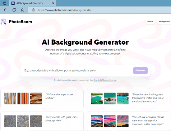 PhotoRoom background Generator Main UI