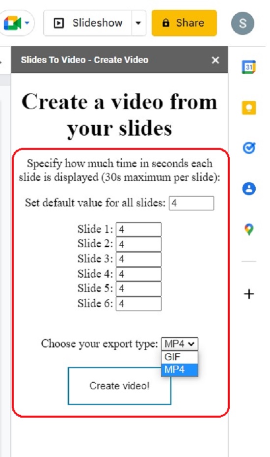 Slides to Video addon Sidebar