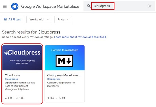 Cloudpress Add-on in Google Marketplace
