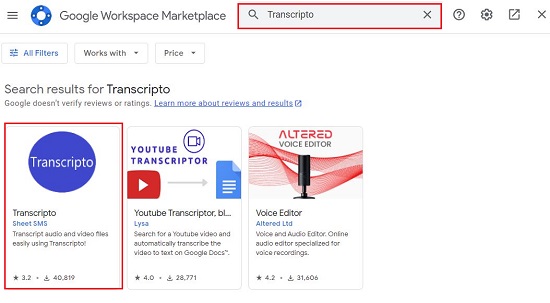 Download Transcripto from Google Marketplace
