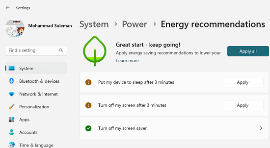 Energy Recommendations List