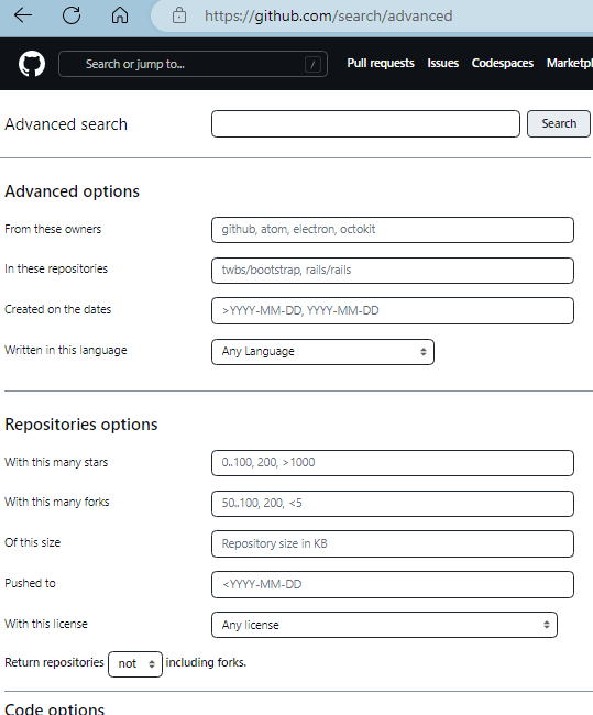 GitHub Code Search Advanced Feilds