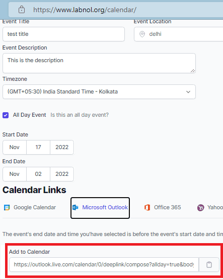Labnol Add to Calendar Link Generator for Outlook