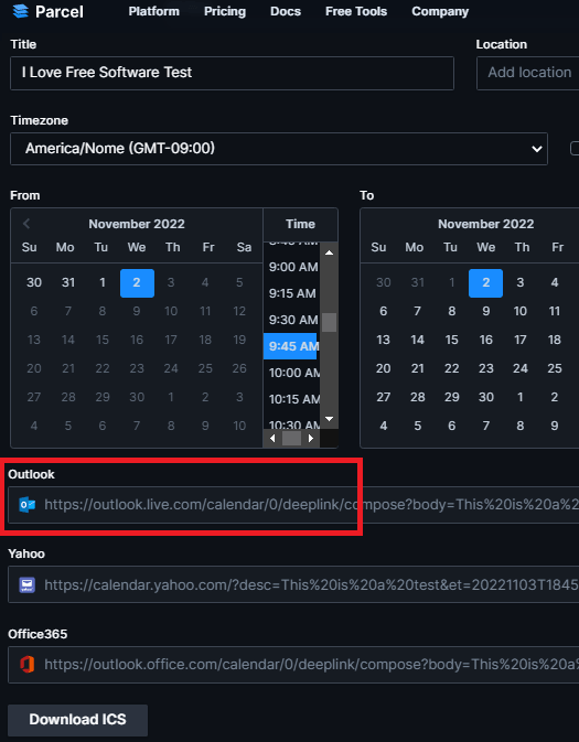 Parcel Add to Calendar Link Generator for Outlook