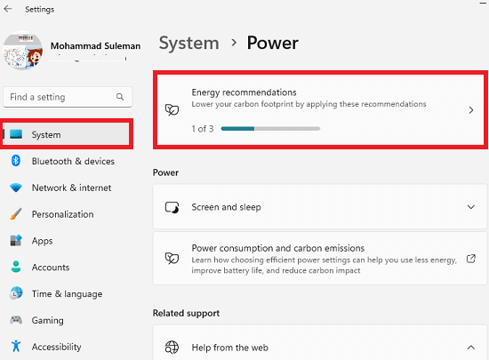 Power Recommendation Settings