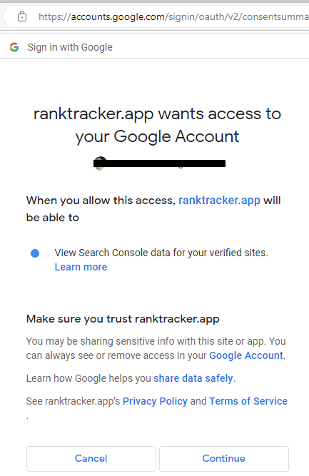 Rank Tracker App Search Console Access