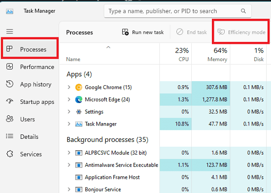 Task Manager Efficiency Mode
