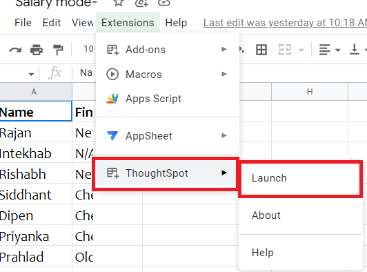 ThoughtSpot Launch Google Sheets