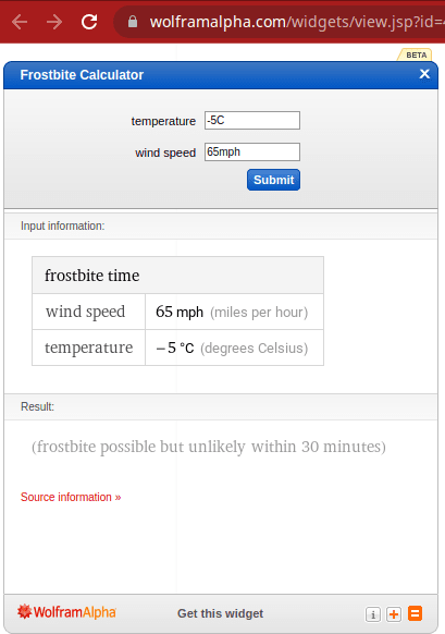 Wolfram Widget to Calculate Frosbite time