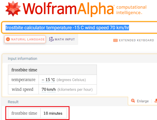 WolframAlpha Frosbite Time Calculator