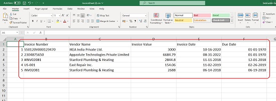 Digitized Excel sheet