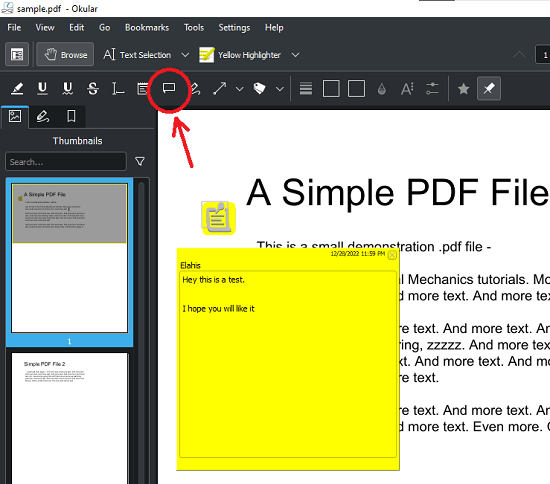 Okular Adding Sticky Notes to PDF