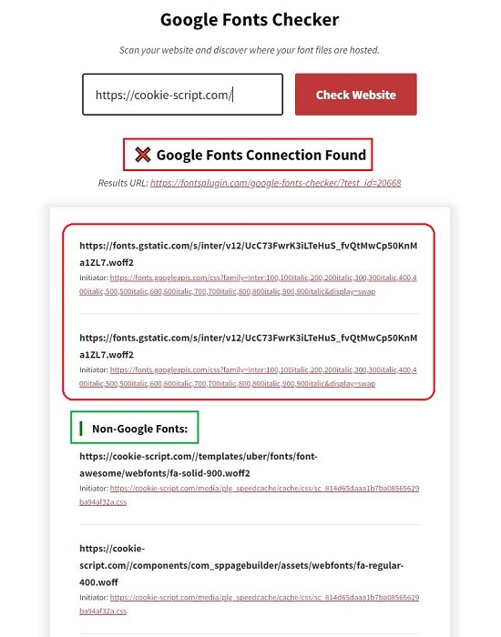 Test results - Google Fonts found