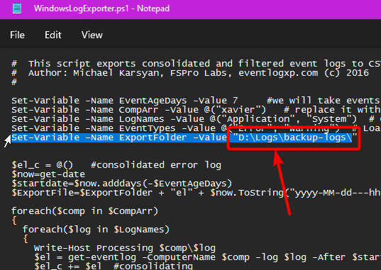 Update Windows Log Backup Location in PS Script