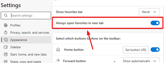 Edge Favorites Always Open Link in New Tab