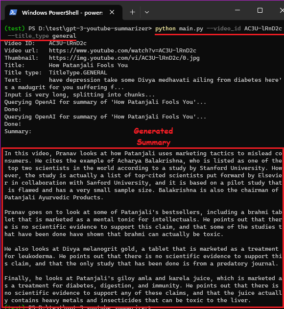 GPT-3 Summarizing YouTube Video in Command Line