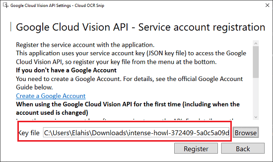 Google Cloud Service Account Key in Cloud OCR Snip