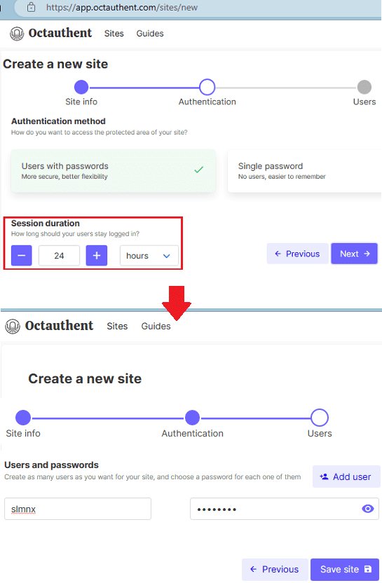 Octauthent Specify Session and Users Details