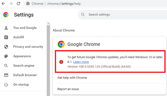 Windows Upgrade Notice in Chrome