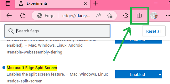 split screen in Edge toolbar