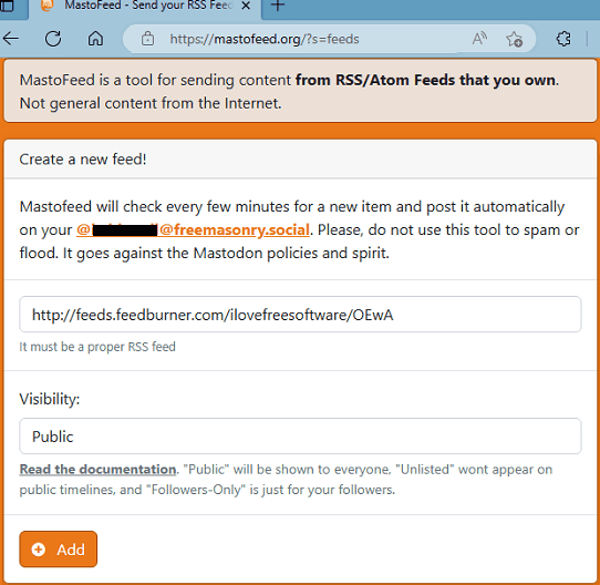 MastoFeed add RSS Feed URL