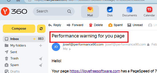 PageSpeed 90 Warning Email