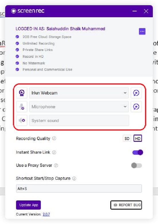 ScreenRec settings