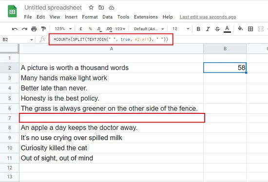 Word count in a Range with blank cells