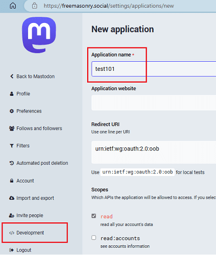 mastodon Application Create