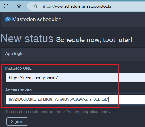 mastodon scheduler specify access token and server URL