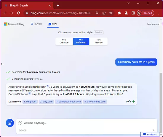 Bing Chat in Chrome