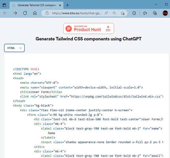 ChatGPT Tailwind Components Code Generated