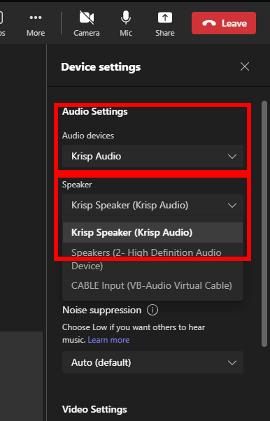 Krisp AI Speaker and Mic Settings