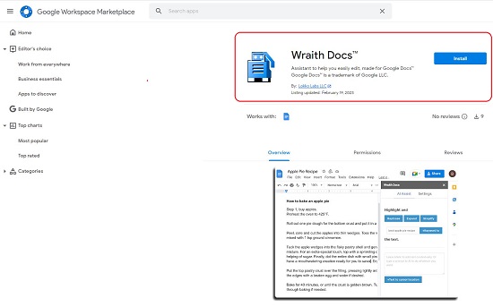 Wraith docs on Google Workspace Marketplace