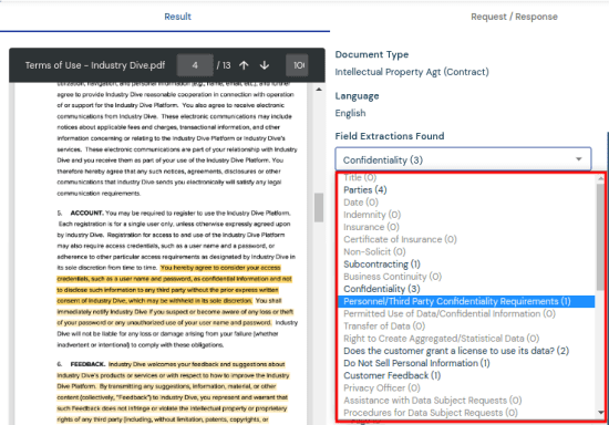 zuva ai contracts extracted feilds and clauses