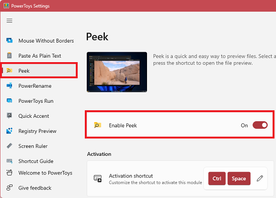 Enable Peek in PowerToys